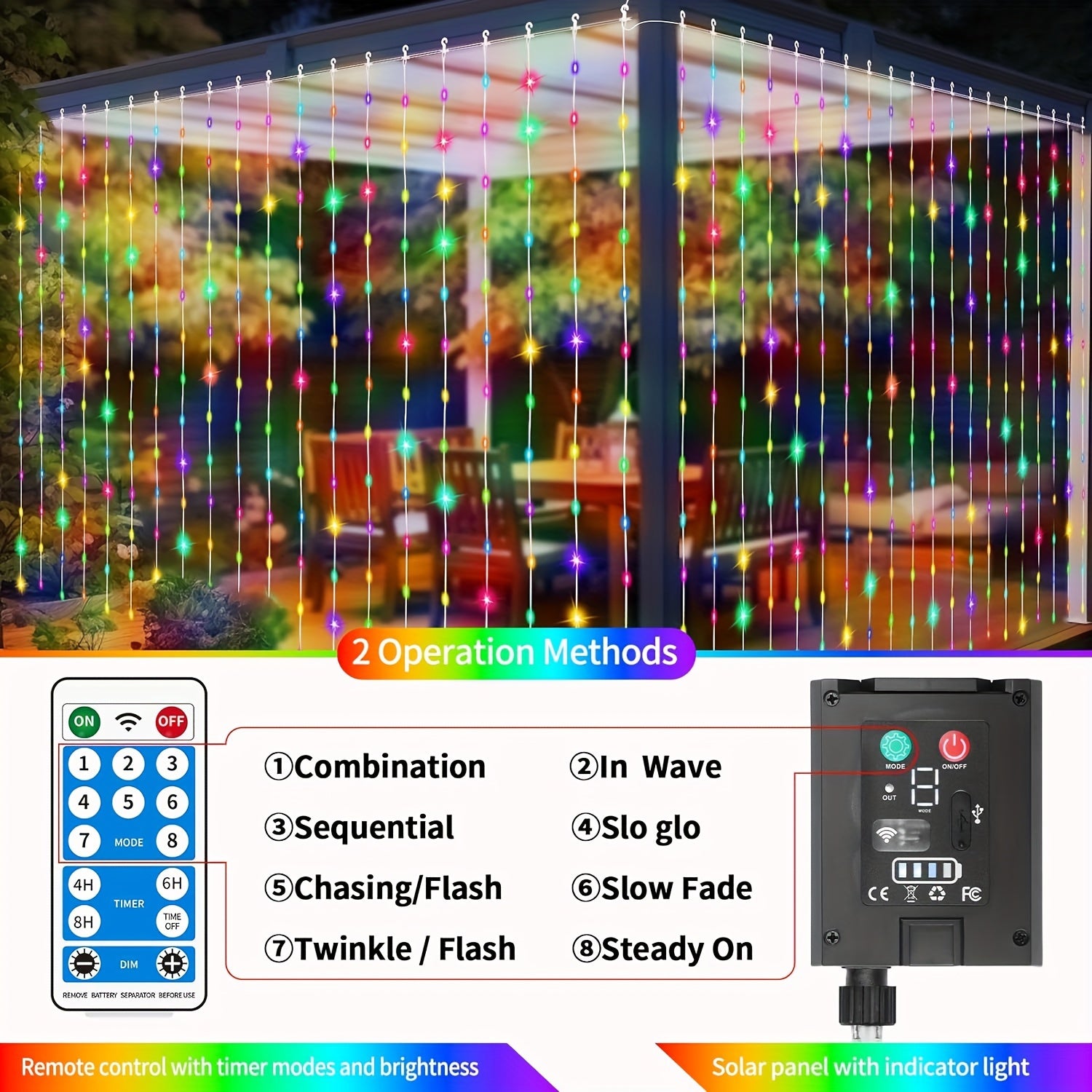 300 LED Solar Curtain Lights – Waterfall Fairy Lights with Remote & USB Rechargeable