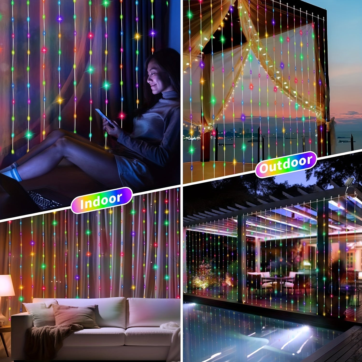 300 LED Solar Curtain Lights – Waterfall Fairy Lights with Remote & USB Rechargeable