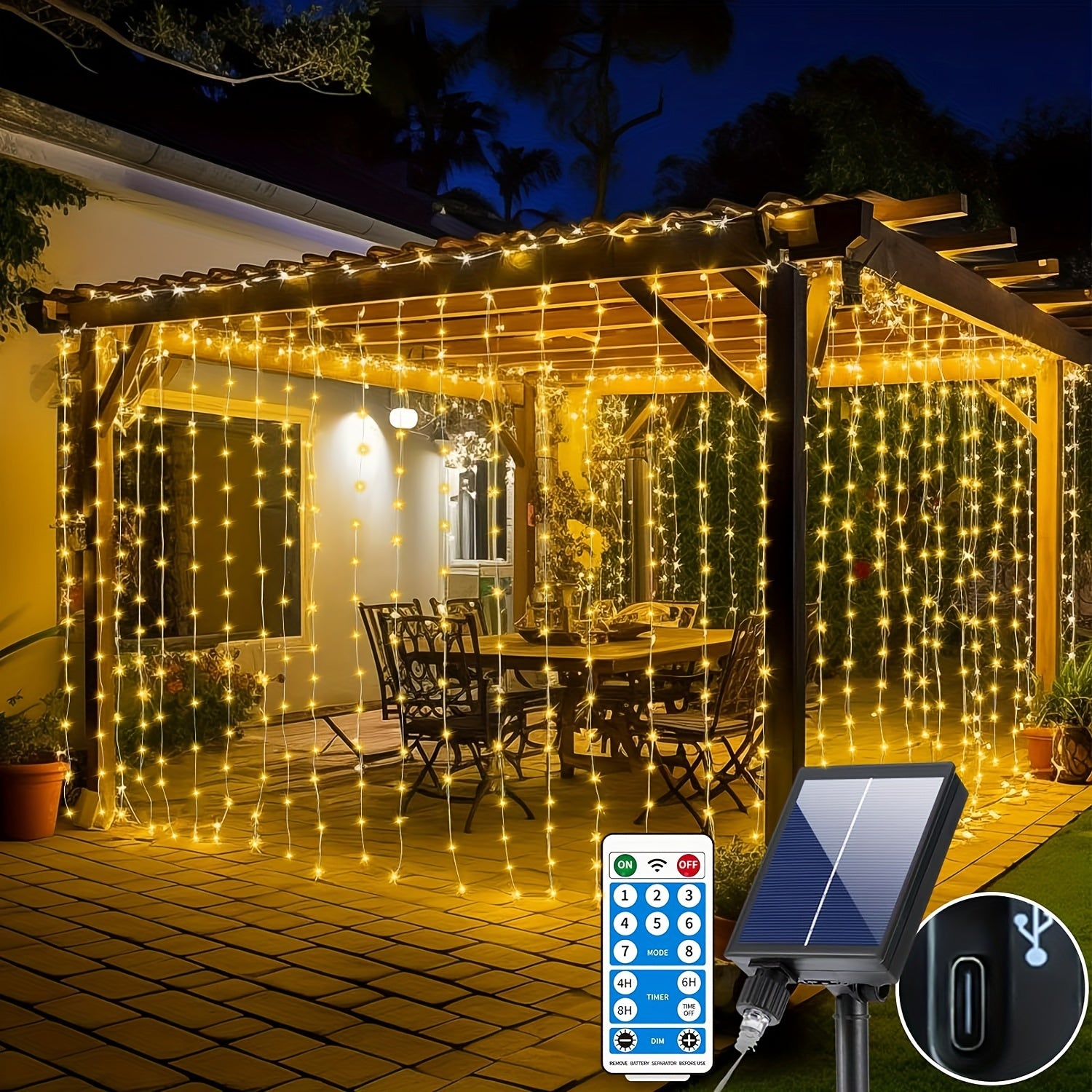 300 LED Solar Curtain Lights – Waterfall Fairy Lights with Remote & USB Rechargeable