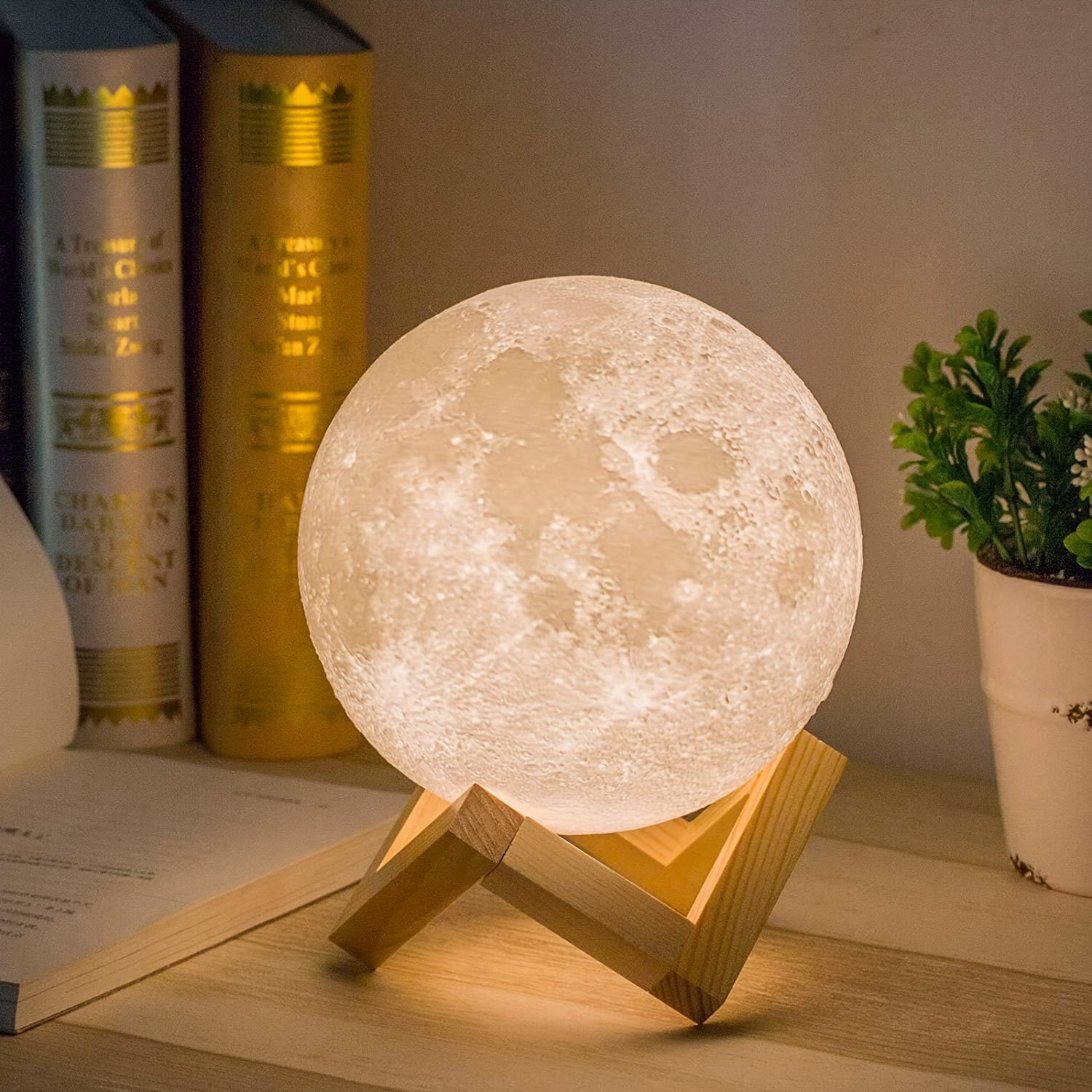 3D Printed Moon Lamp – 16-Color LED with Remote & Wooden Base