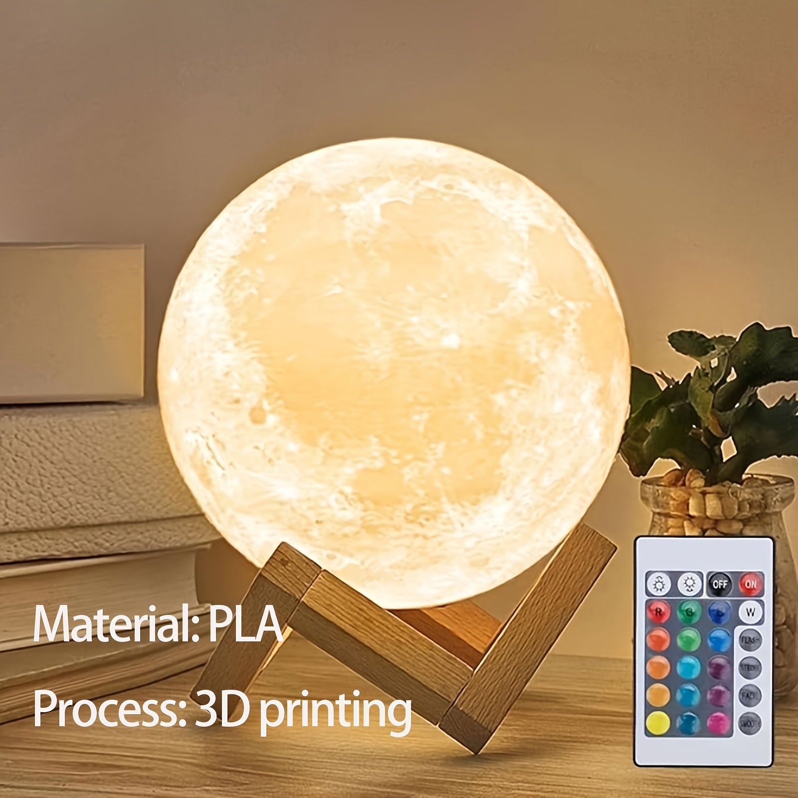 3D Printed Moon Lamp – 16-Color LED with Remote & Wooden Base