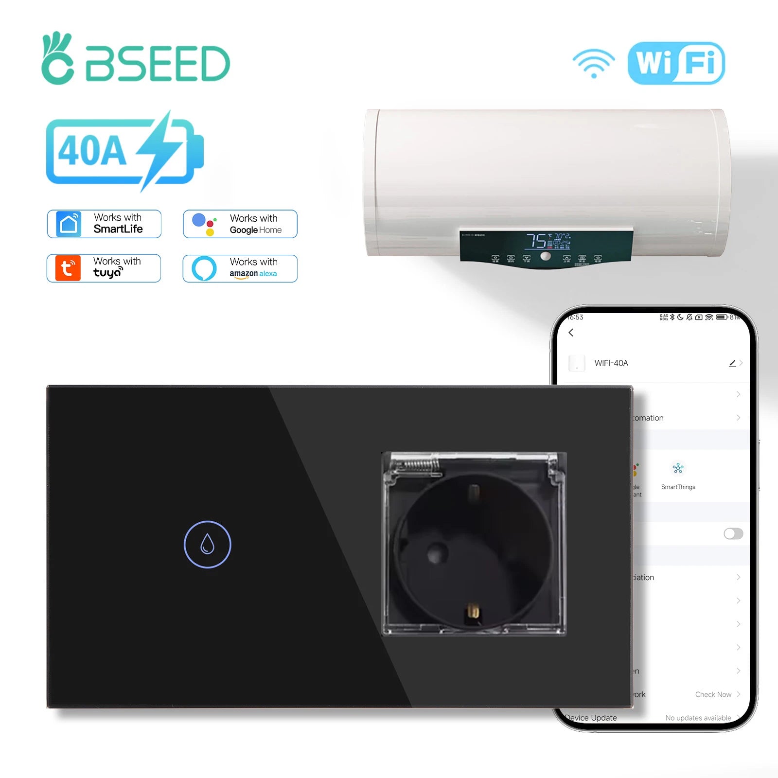 BSEED WiFi Smart Water Heater Switch – 40A Glass Touch Panel