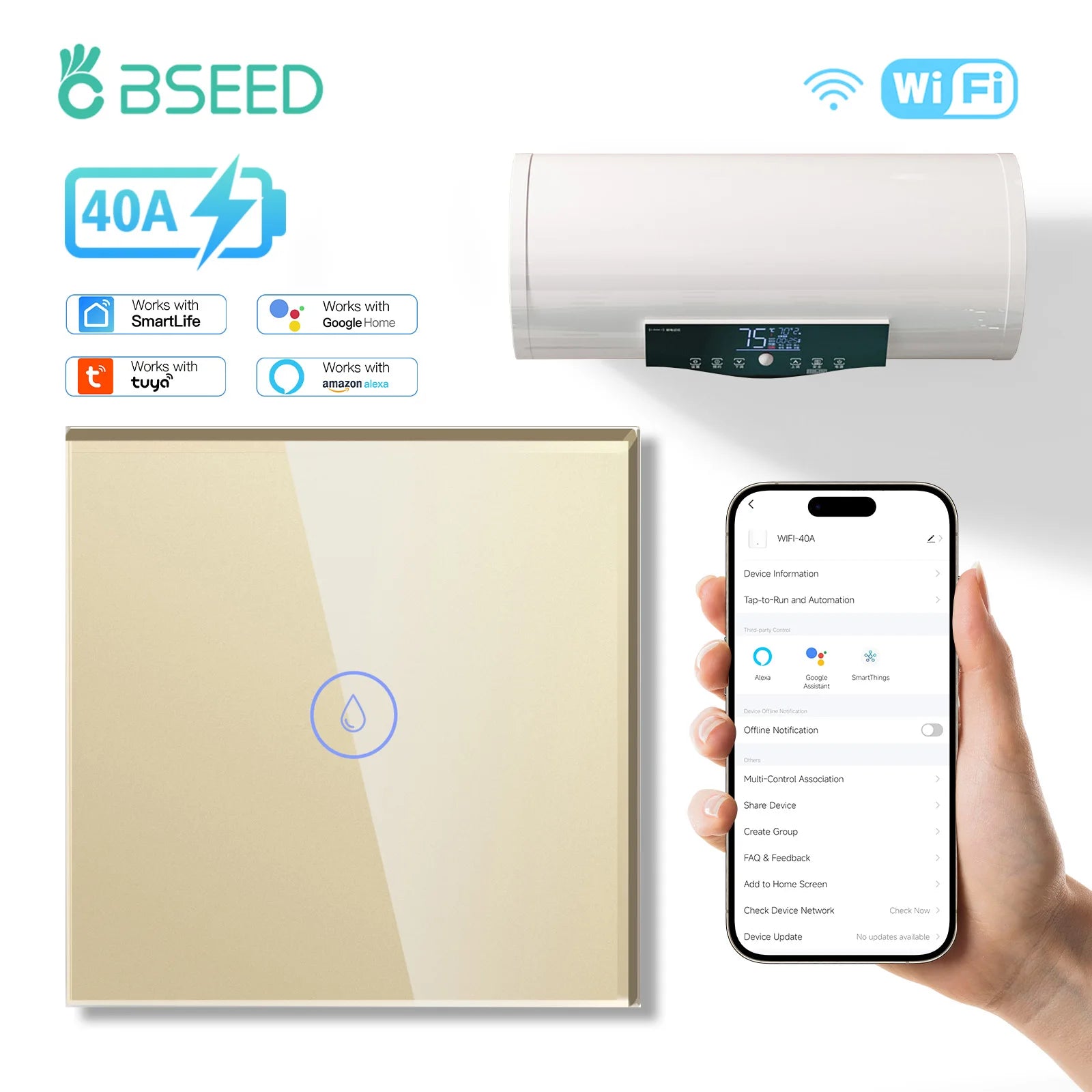 BSEED WiFi Smart Water Heater Switch – 40A Glass Touch Panel