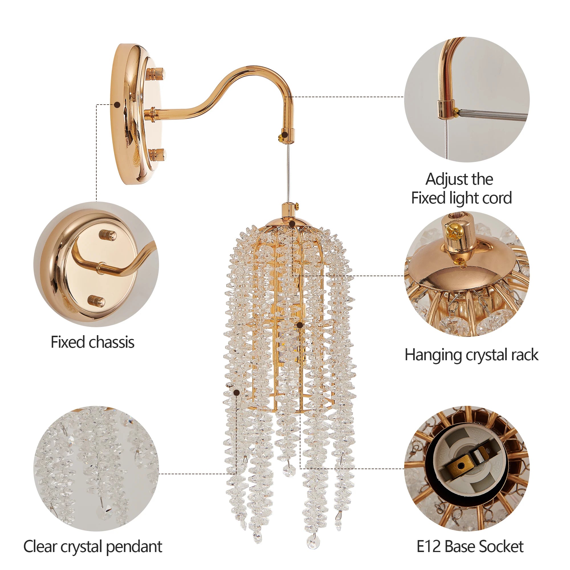 2-Pack Gold Crystal Bead Wall Sconces (E12 Base)