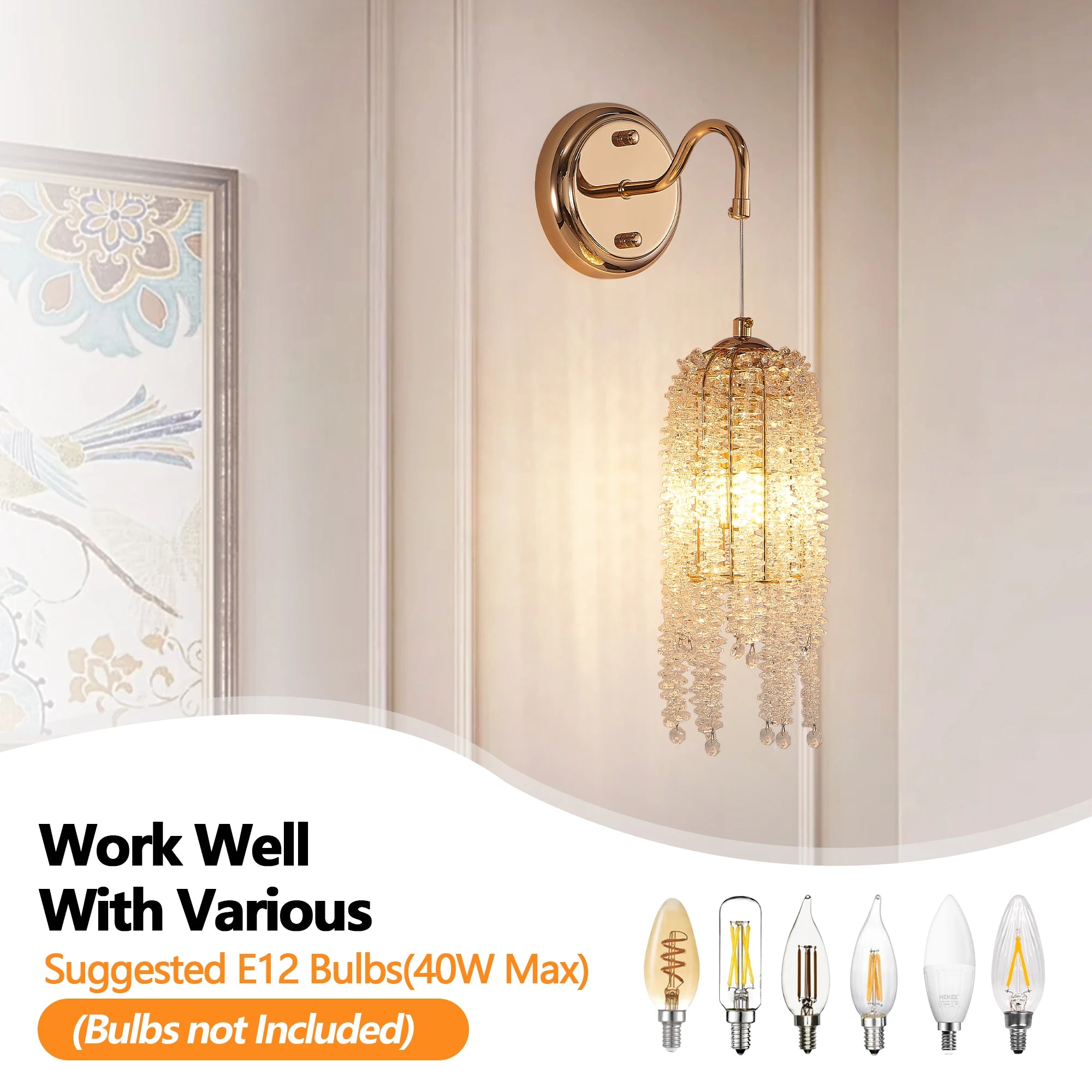 2-Pack Gold Crystal Bead Wall Sconces (E12 Base)