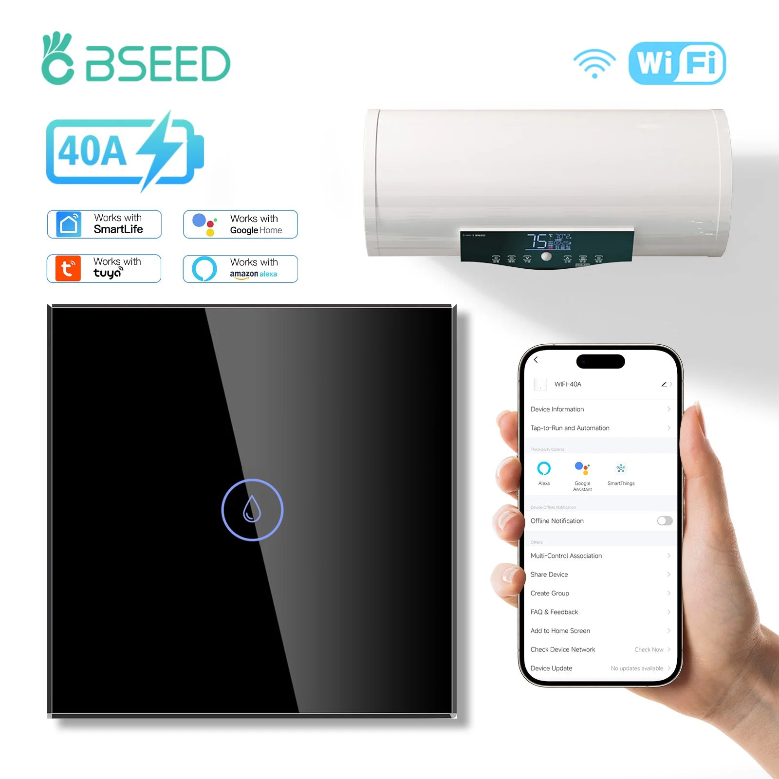 BSEED WiFi Smart Water Heater Switch – 40A Glass Touch Panel