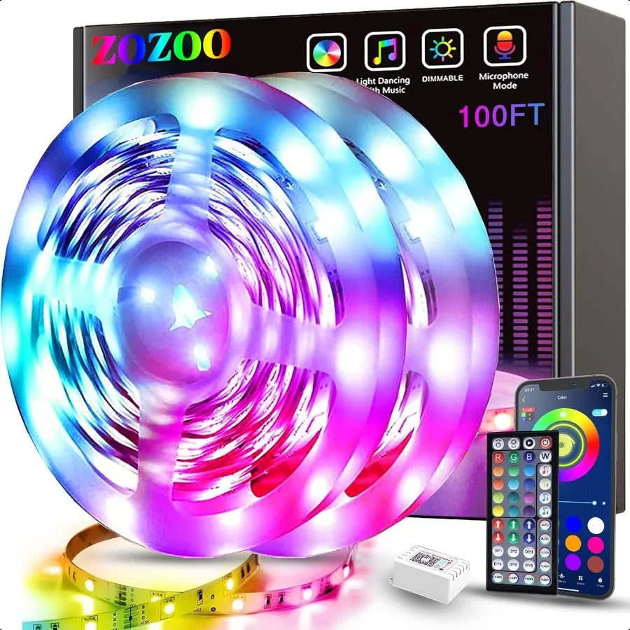 100ft Smart RGB LED Strip Lights with Remote & App