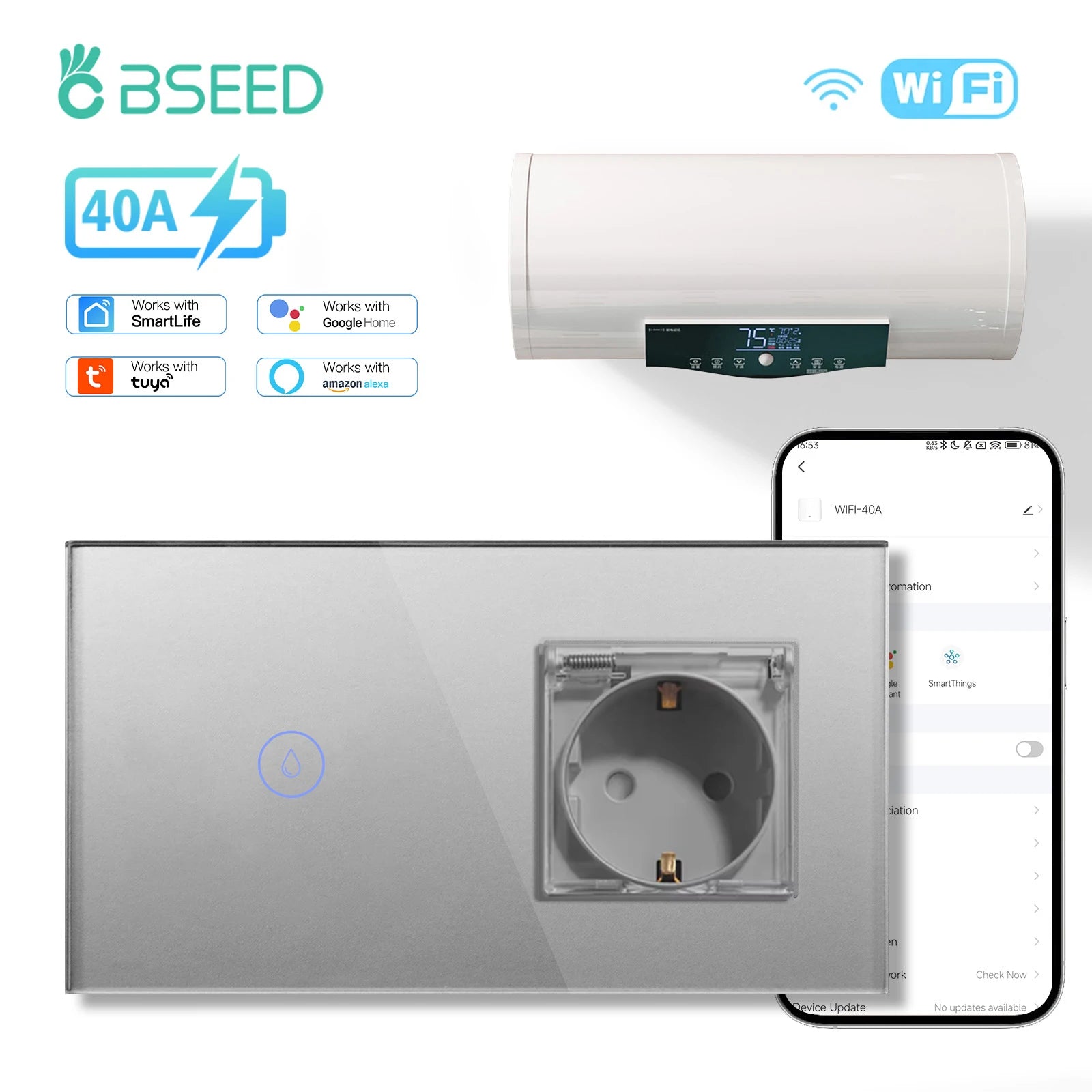 BSEED WiFi Smart Water Heater Switch – 40A Glass Touch Panel