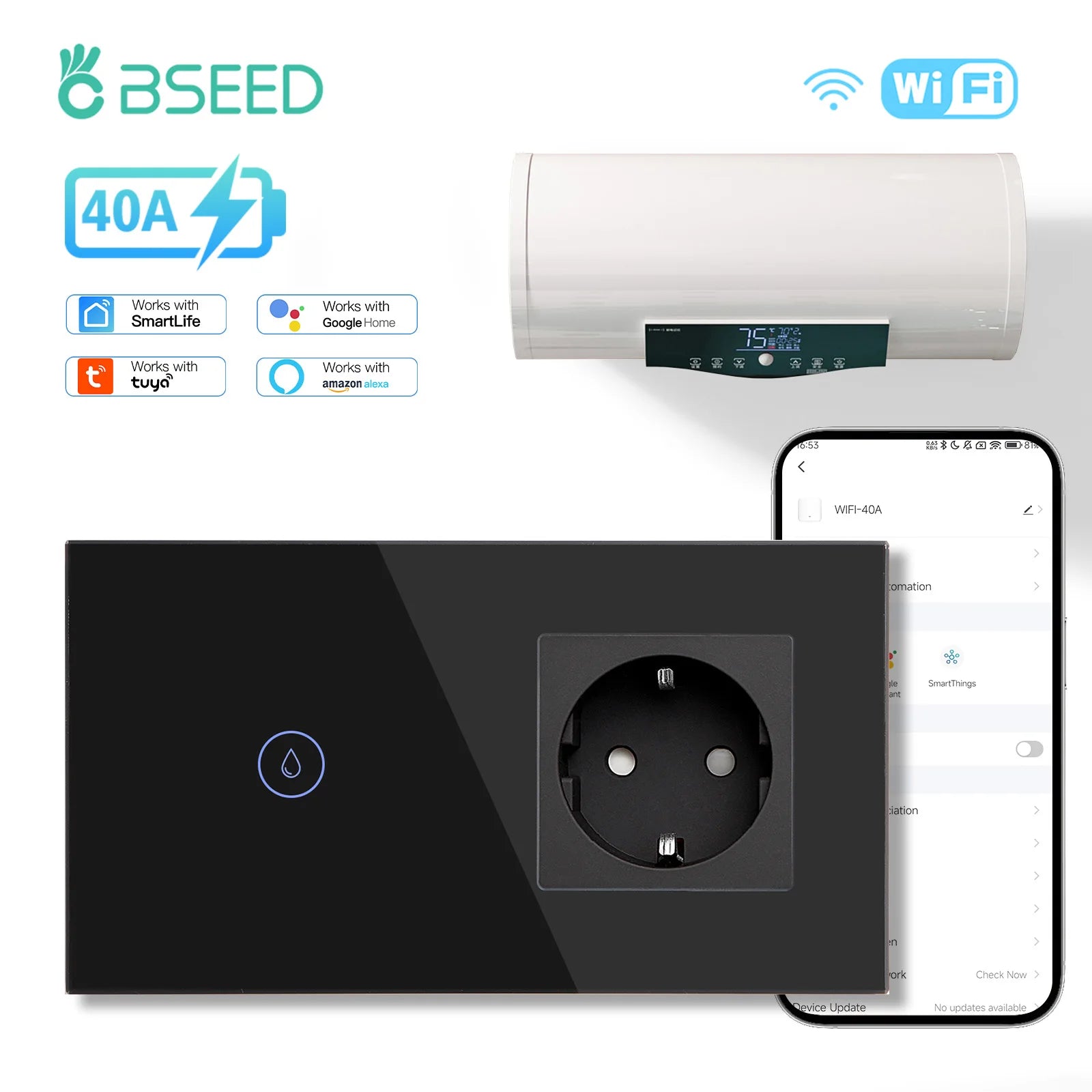 BSEED WiFi Smart Water Heater Switch – 40A Glass Touch Panel