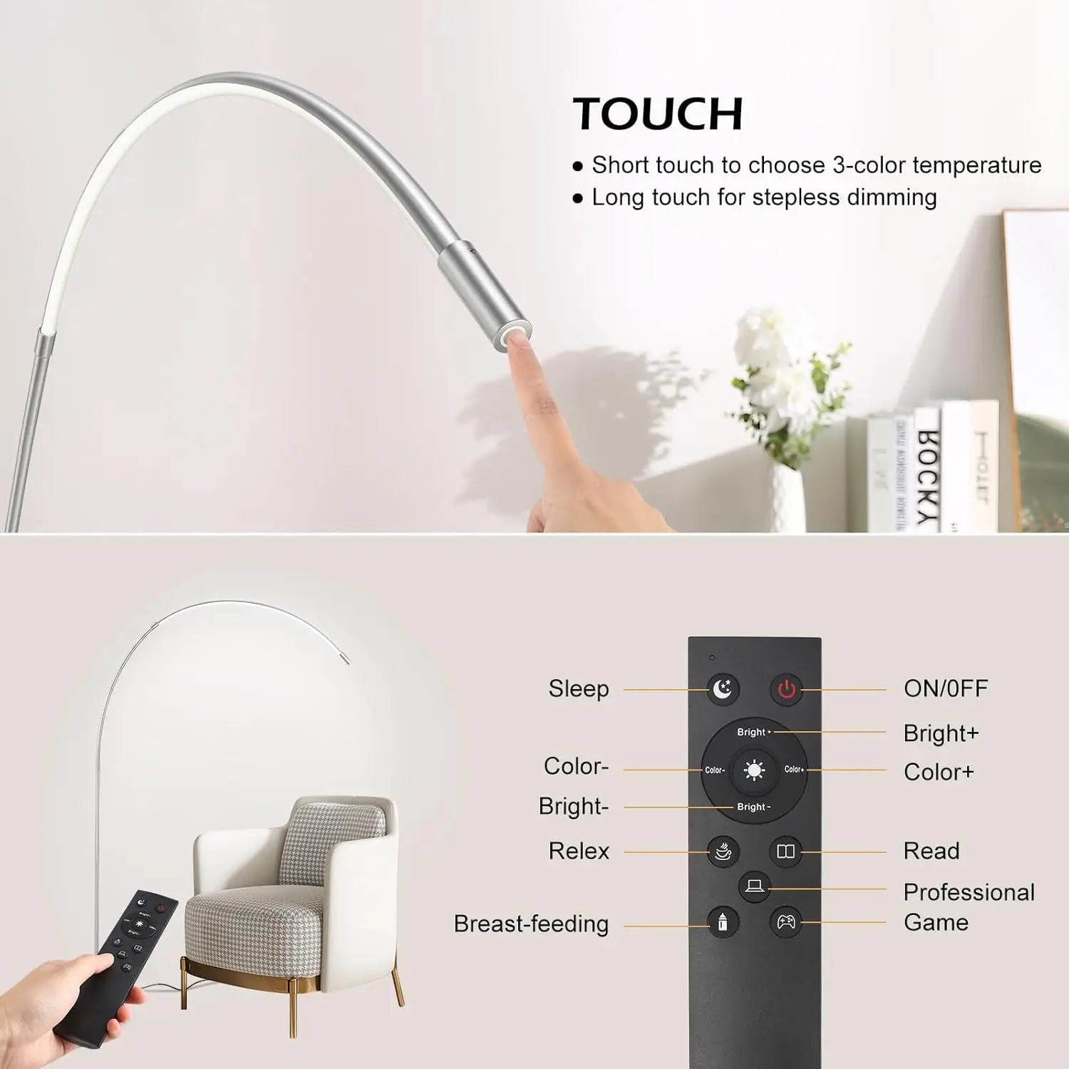 LED Arc Floor Lamp with Remote & 3 Color Modes