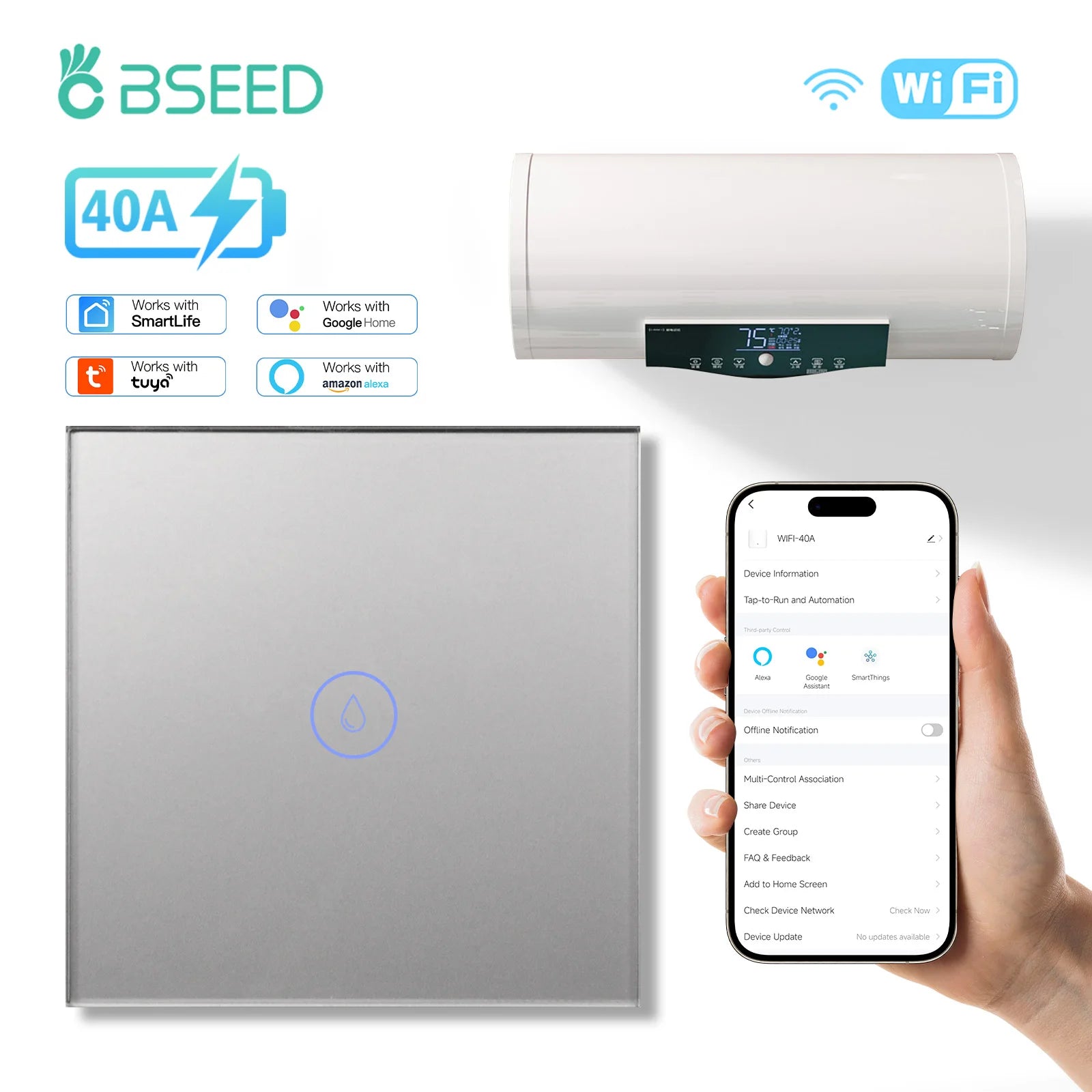 BSEED WiFi Smart Water Heater Switch – 40A Glass Touch Panel