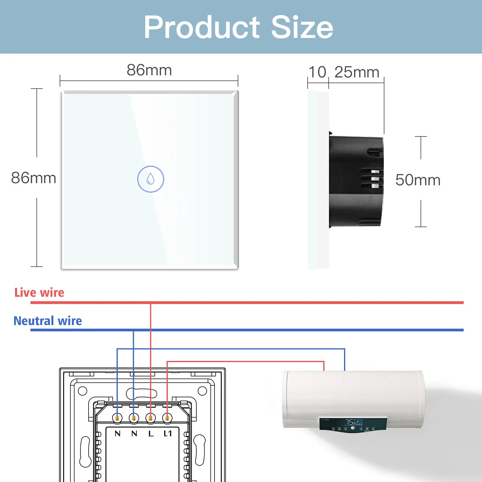 BSEED WiFi Smart Water Heater Switch – 40A Glass Touch Panel