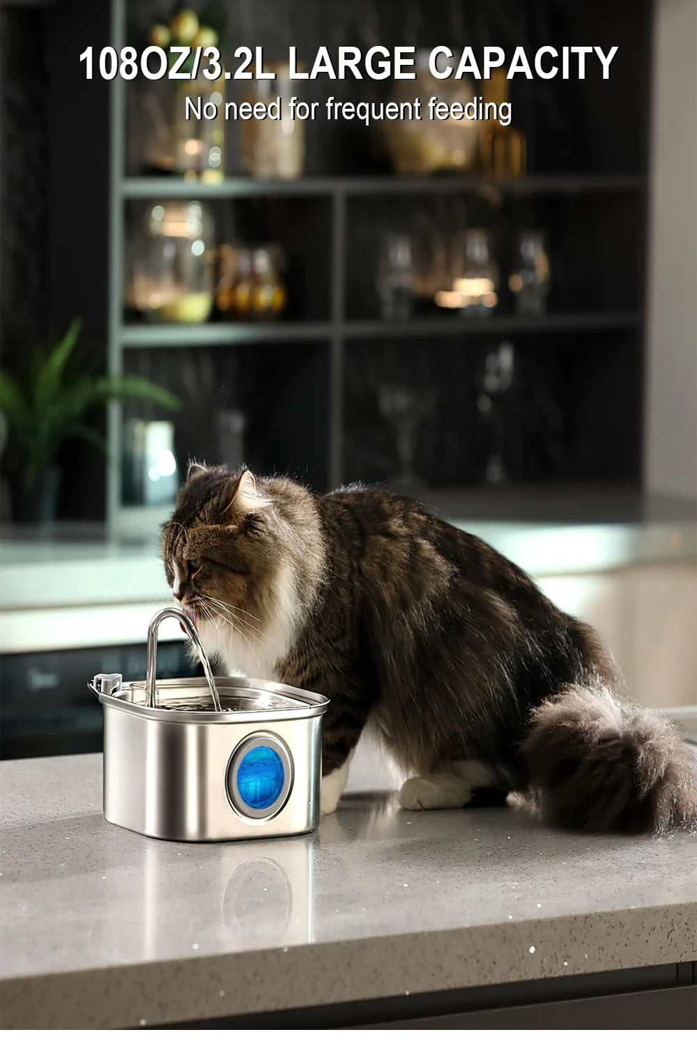 3.2L Stainless Steel Pet Water Fountain with Visual Window