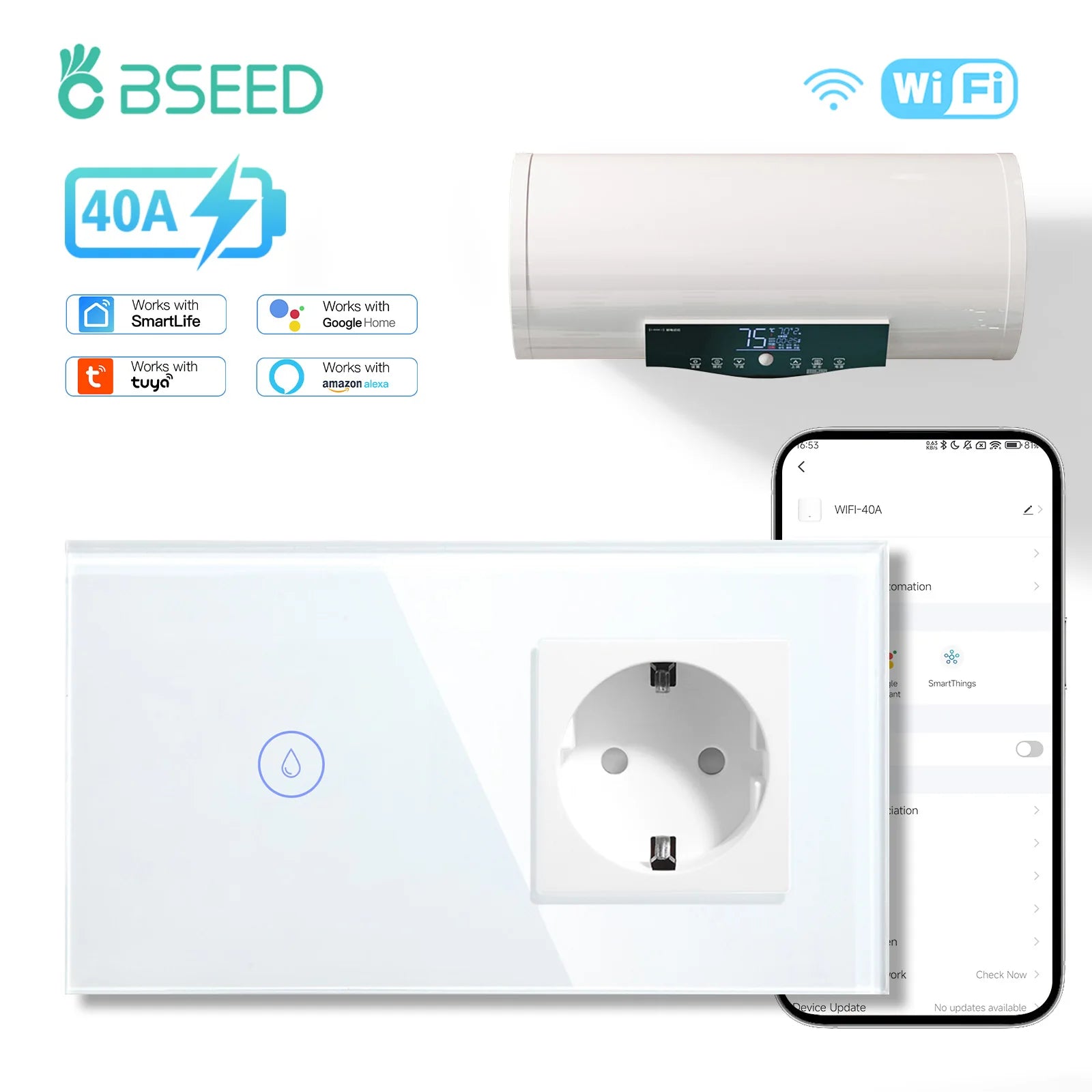 BSEED WiFi Smart Water Heater Switch – 40A Glass Touch Panel