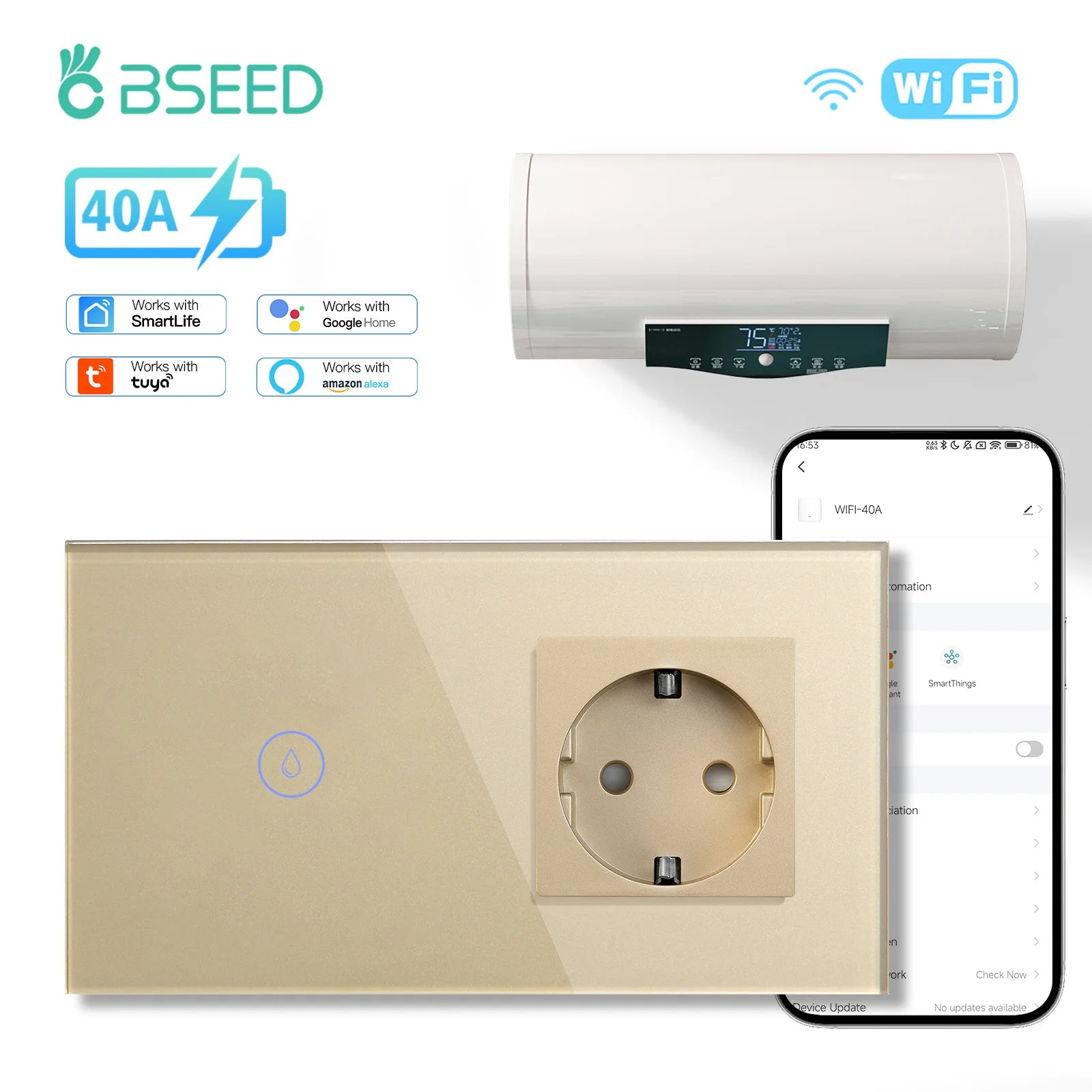 BSEED WiFi Smart Water Heater Switch – 40A Glass Touch Panel
