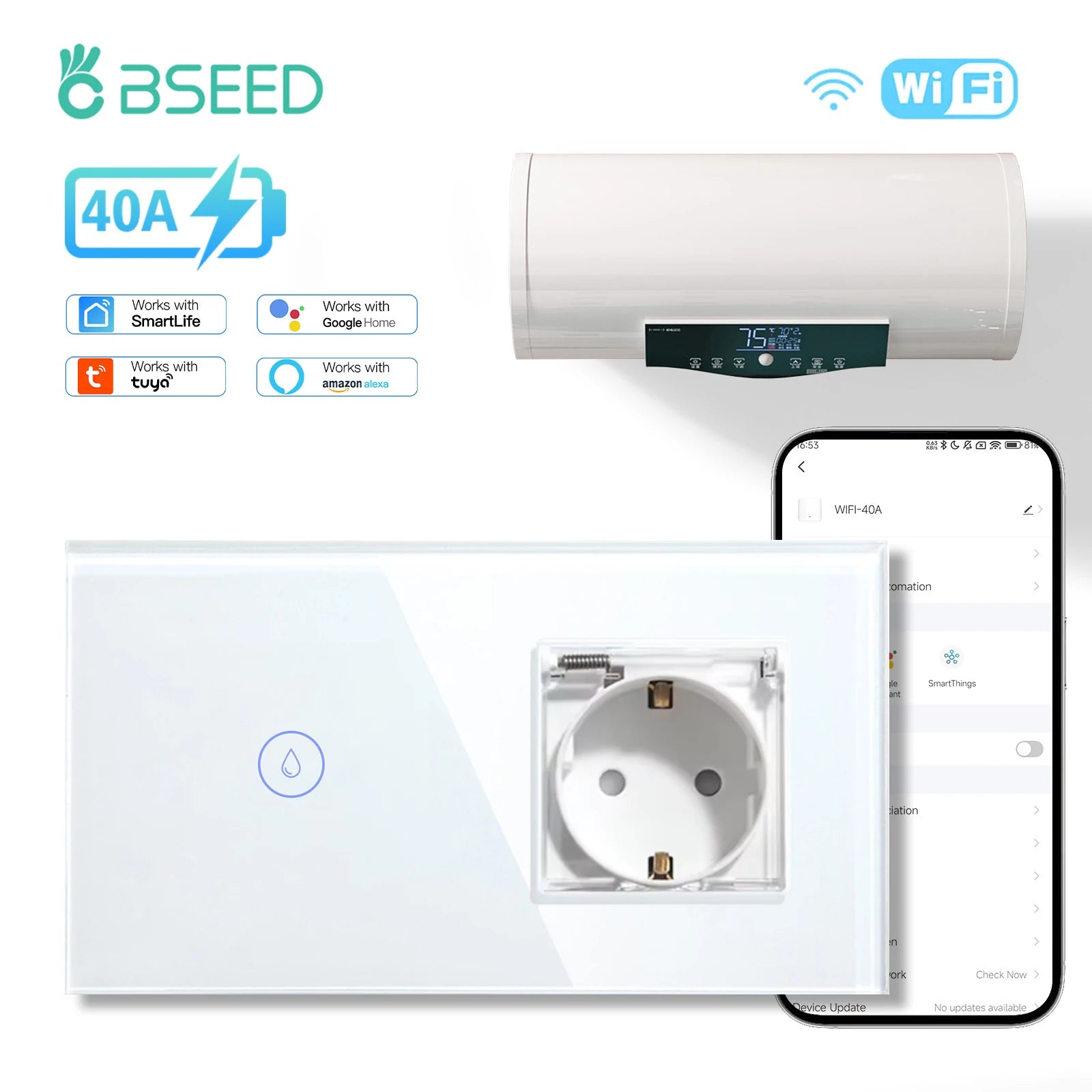 BSEED WiFi Smart Water Heater Switch – 40A Glass Touch Panel