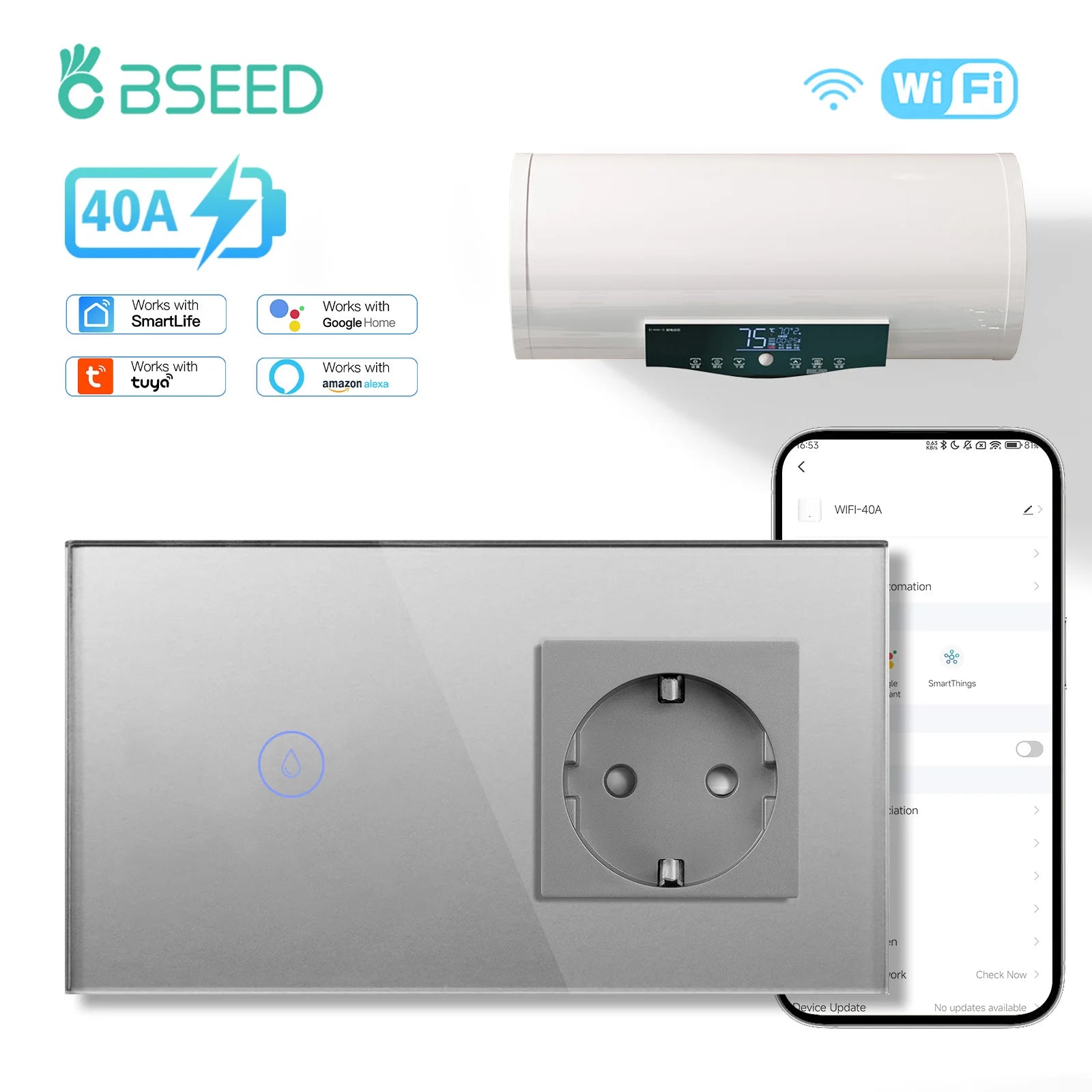 BSEED WiFi Smart Water Heater Switch – 40A Glass Touch Panel