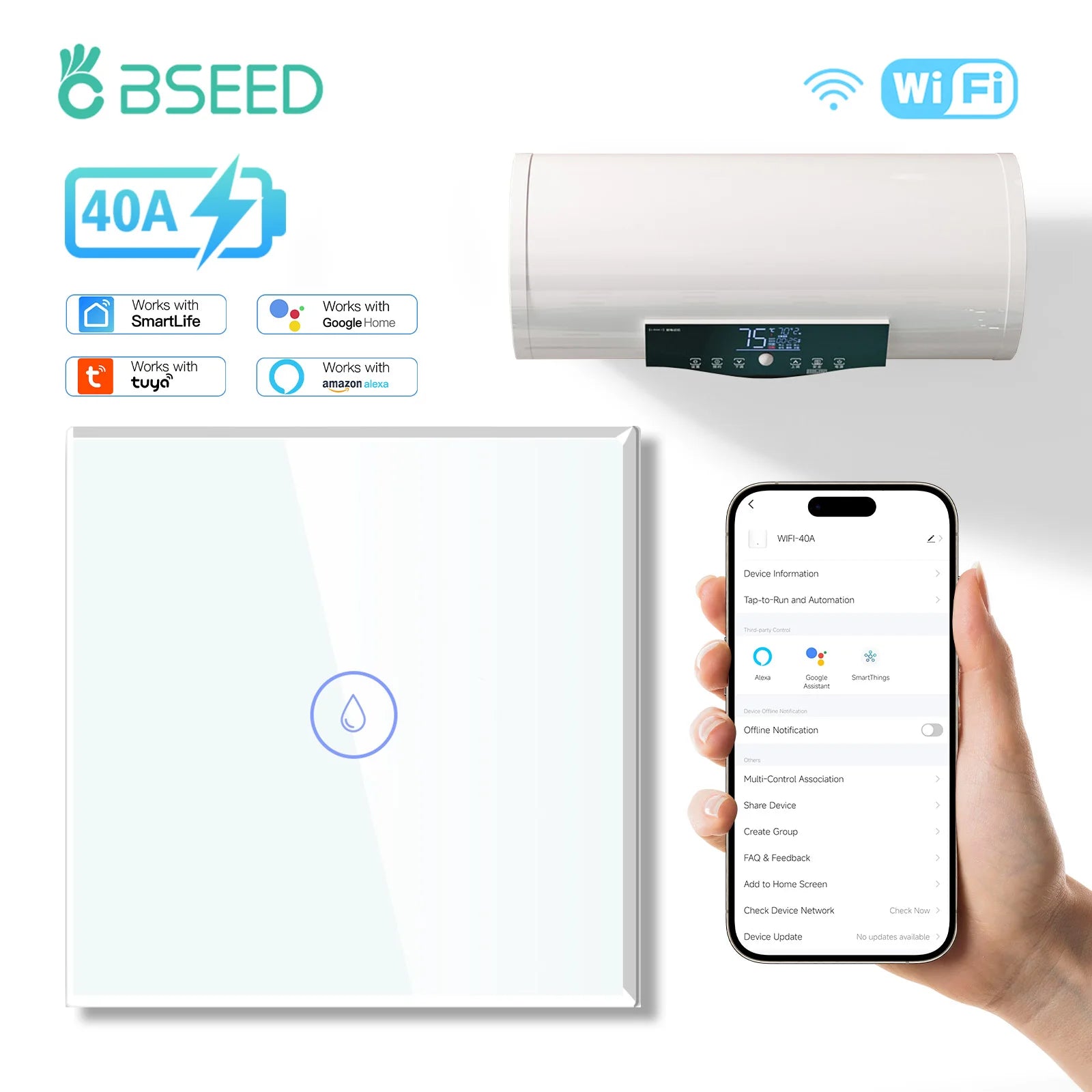 BSEED WiFi Smart Water Heater Switch – 40A Glass Touch Panel
