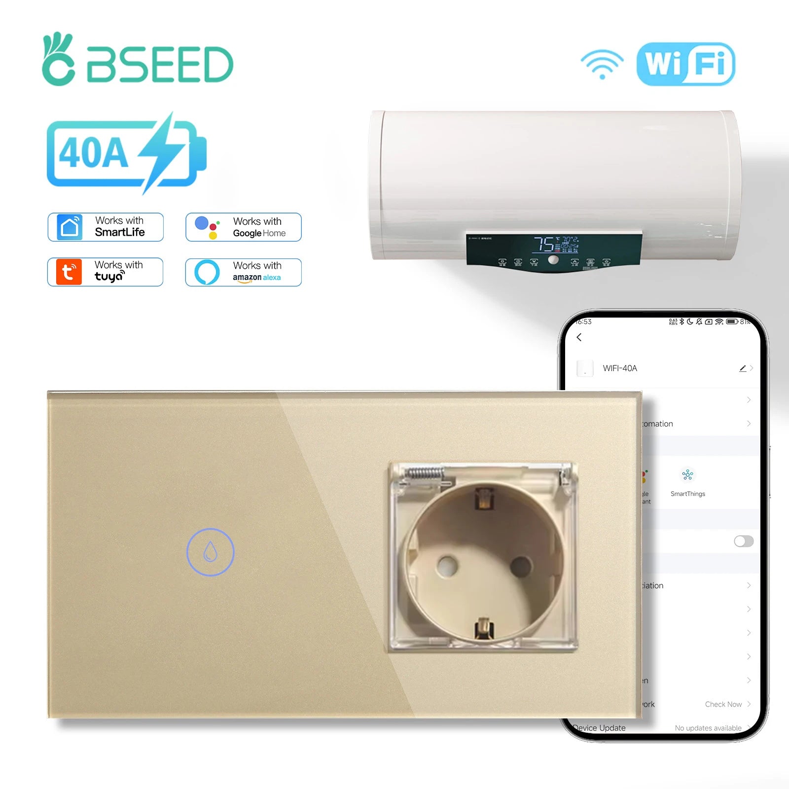 BSEED WiFi Smart Water Heater Switch – 40A Glass Touch Panel