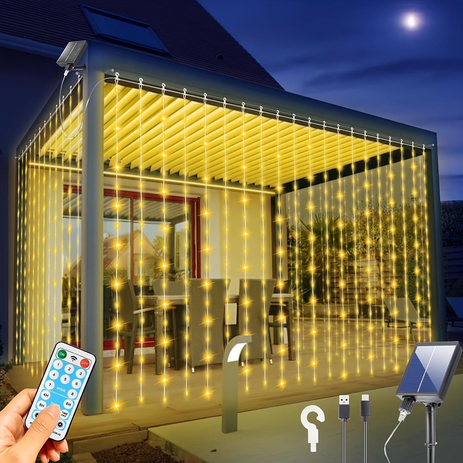 300 LED Solar Curtain Lights – Waterfall Fairy Lights with Remote & USB Rechargeable
