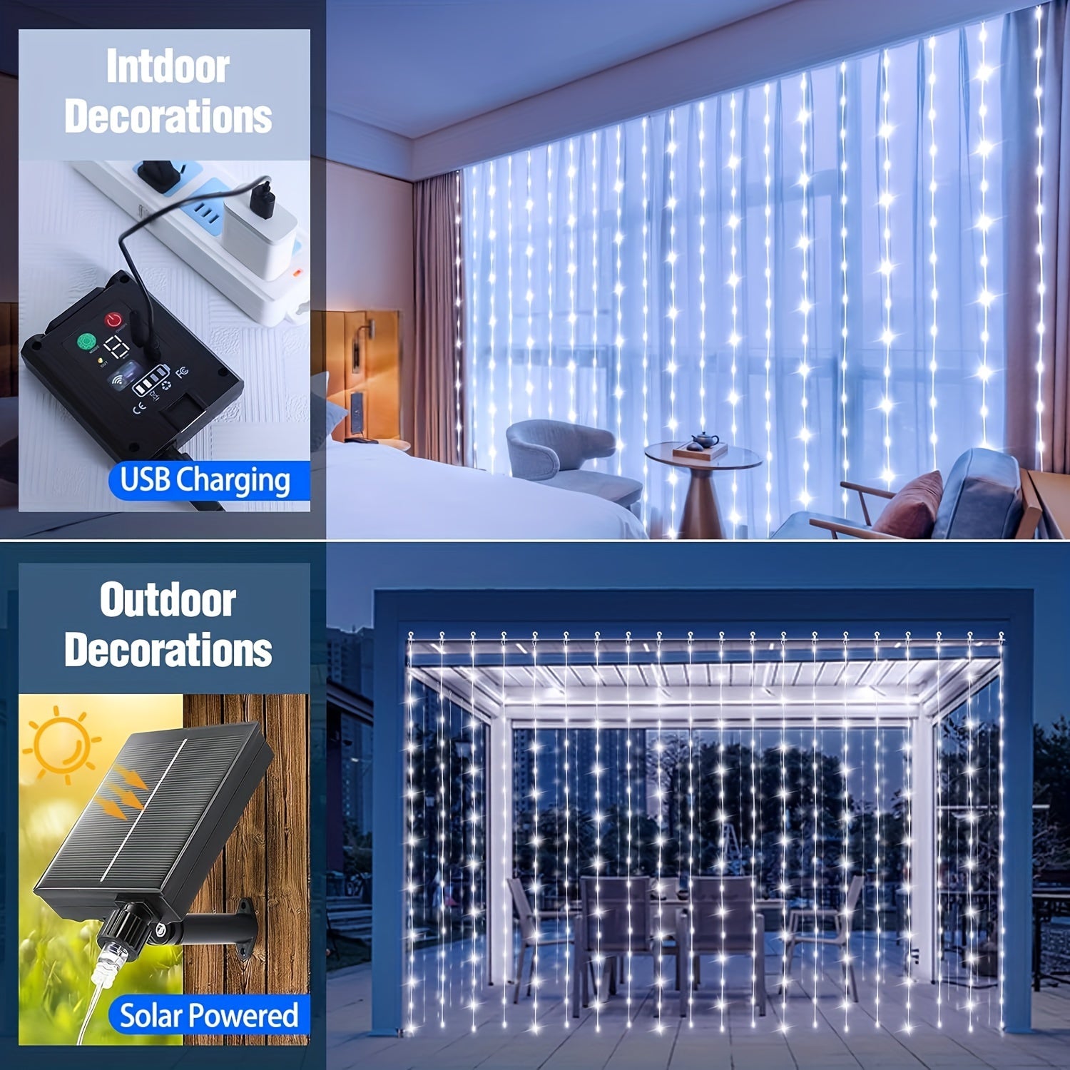300 LED Solar Curtain Lights – Waterfall Fairy Lights with Remote & USB Rechargeable