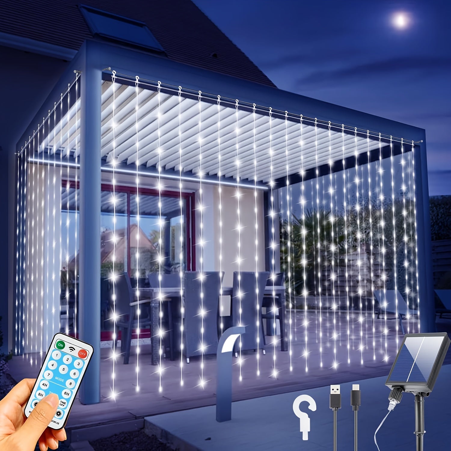 300 LED Solar Curtain Lights – Waterfall Fairy Lights with Remote & USB Rechargeable