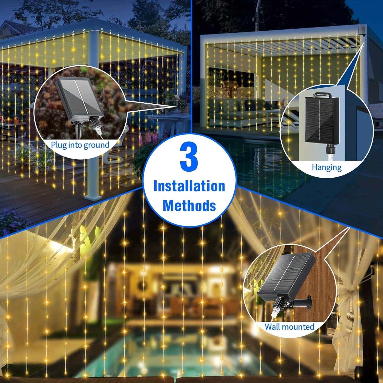 300 LED Solar Curtain Lights – Waterfall Fairy Lights with Remote & USB Rechargeable